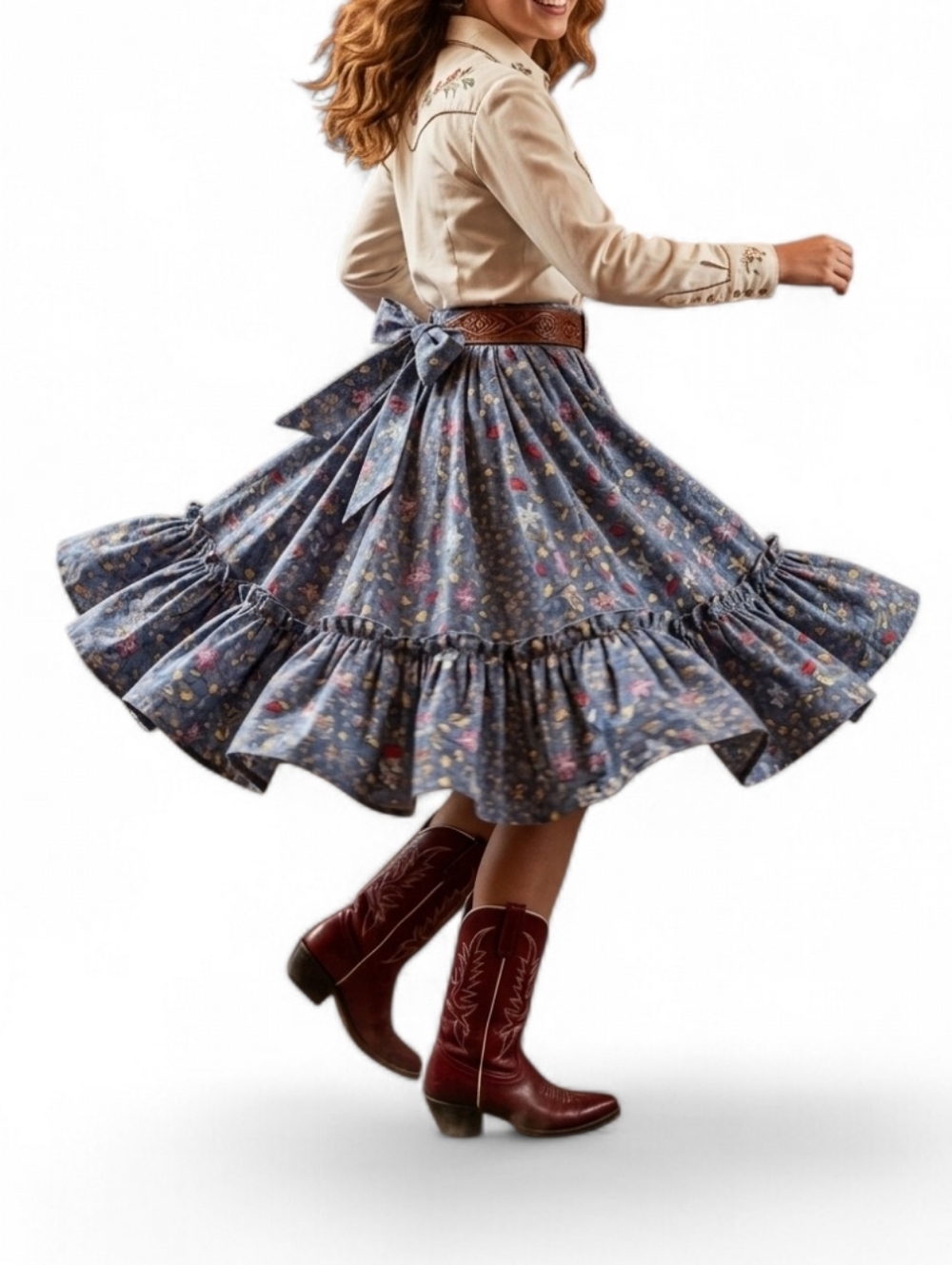 Vintage Floral Star Ruffle Mini Skirt with Matching Waist Bow
